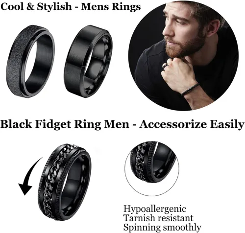 Vista 2 de Anillos para hombres y mujeres, 6 unidades, anillos de acero inoxidable negro para hombre, anillo para ansiedad, alivio de la ansiedad, anillos