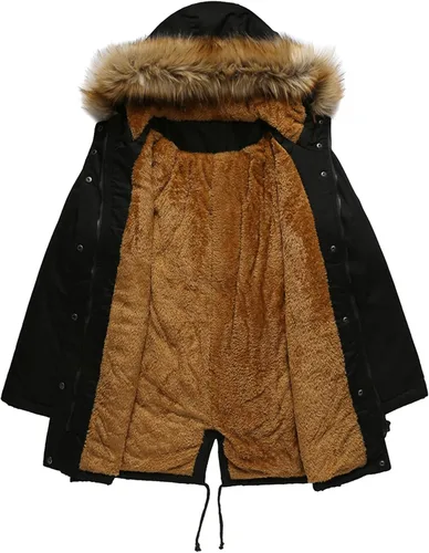 Vista 4 de DOSLAVIDA Abrigo grueso con capucha para mujer, chaqueta de invierno con forro polar, chaqueta larga de algodón con capucha de piel sintética