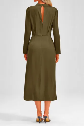 Vista 2 de PRETTYGARDEN Vestido de satén de otoño 2023 para mujer, manga larga, cuello alto, fruncido, abertura lateral, elegante, de seda, cóctel, fiesta