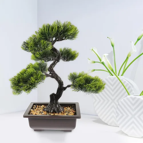 Vista 9 de Árbol de pino bonsái artificial, simulación de imitación de planta en maceta, exhibición de escritorio, adornos de maceta de árbol falso, planta