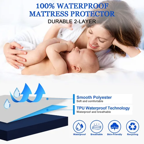 Vista 18 de Protector de colchón impermeable, suave y transpirable, lavable a máquina, sin ruido, con bolsillo profundo de 10 pulgadas, tamaño individual Borgoña