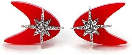 Vista 2 de Retro Red Boomerang Stud Earrings, Atomic 50s Acrylic Studs, Mid Century Modern Celestial Earring