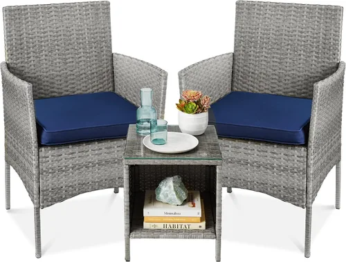 Vista 10 de Best Choice Products Juego de 3 piezas de mimbre para conversación al aire libre, muebles de patio que ahorran espacio para jardín con mesa