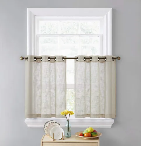 Vista 2 de HLC.ME - Cortinas de lino sintético con textura semitransparentes que mantienen la privacidad y filtran la luz, con ojales, cortas y de tela delgada