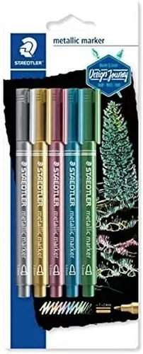 Vista 6 de STAEDTLER 8323-S BK3 Pack of Gold and Silver Metallic Pens and a White Marker Pen