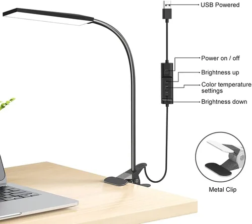 Vista 4 de Lámpara de escritorio LED, clip USB de 5 W, lámpara de mesa con abrazadera de lectura para cuidado de los ojos con 48 luces LED, cuello flexible, 3