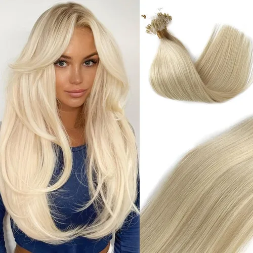 Vista 11 de Extensiones de cabello Microlink con reflejos, cabello humano lacio de 14 pulgadas, rubio caramelo resaltado, 50G/50S