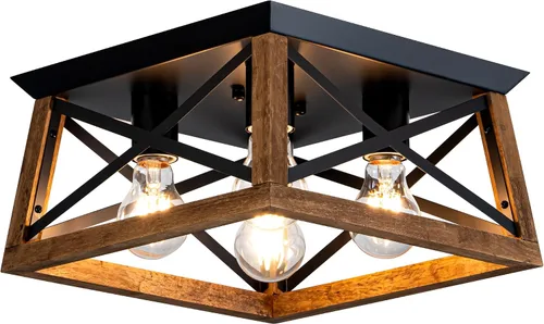 Vista 10 de Lámpara de Techo Estilo Granja, Lámpara de Techo Empotrada Redonda de 2 Luces con Marco de Madera y Metal, Luminaria Rústica Negra para Pasillo