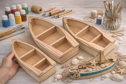 Vista 4 de Barco de madera sin terminar, paquete de 2 – Canoa pintable para bricolaje