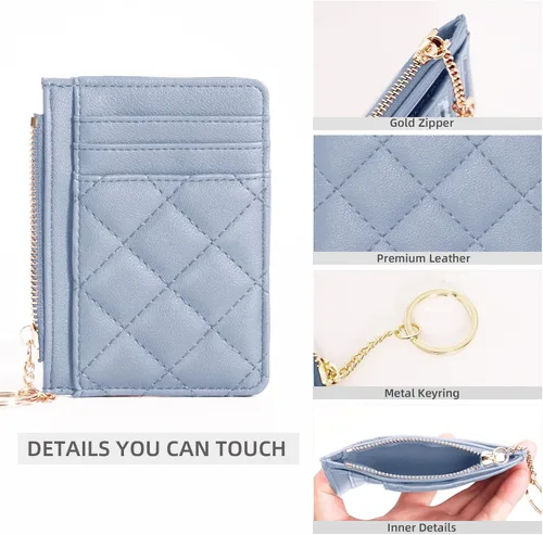 Vista 3 de Soporte para tarjetas de crédito, cartera delgada con llavero con bolsillo frontal para monedas, bolsillo frontal pequeño para mujer, color azul
