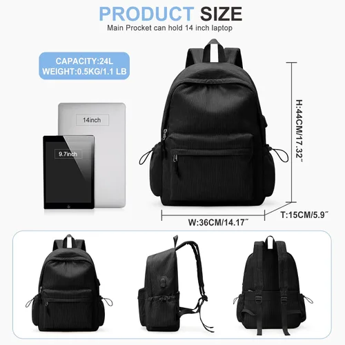 Vista 2 de Mochila Escolar Linda de Corduroy, Mochila Clásica Casual para Escuela Secundaria, Mochila Ligera para Universidad, negro (A1- Black), Classic