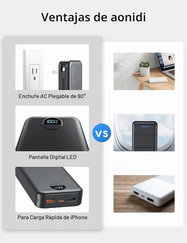 Vista 2 de Cargador portátil Power Bank 20000mAh con cables integrados y enchufe de pared Negro