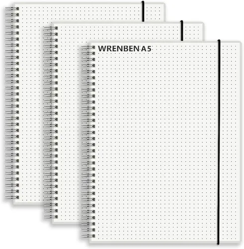 Vista 10 de Cuaderno de espiral punteado de 8.5 x 11 pulgadas con papel grueso de 120 GSM, banda elástica extraíble y tapa dura transparente, 160 páginas por