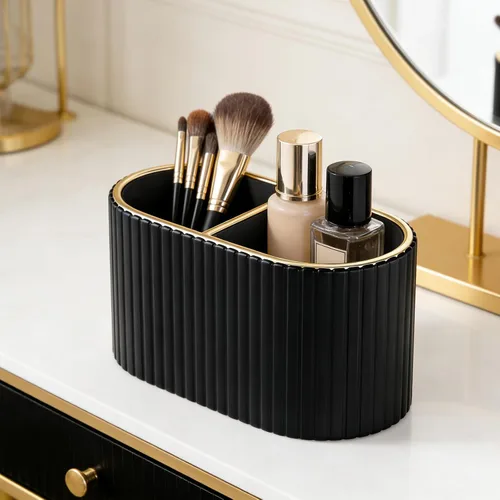 Vista 7 de KINGFOM Organizador de brochas de maquillaje con divisor, soporte de piel sintética para encimera de baño y tocador, organizador de almacenamiento
