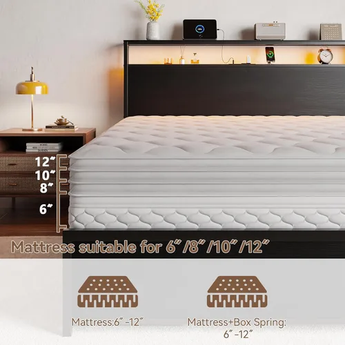 Vista 8 de Forestell Full Size Bed Frame with Storage Headboard & 6 Drawers, Metal Platform Bed Frame with LED Lights & Charging Station, 2 Tier Shelf Storage