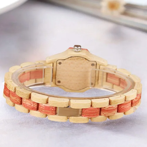 Vista 6 de Reloj de madera para mujer con correa de madera de cuarzo, analógico, colorido, relojes de madera de bambú para mujer, BS-WM01-MADERA