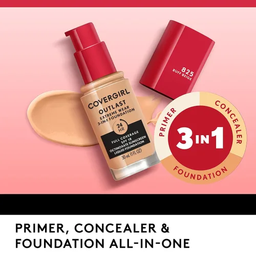 Vista 5 de Covergirl Outlast Extreme Wear Base líquida 3 en 1 de cobertura completa, protector solar SPF 18, beige pulido, 1 onza líquida