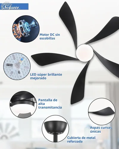 Vista 3 de Sofucor Ventilador de techo moderno de 42 pulgadas con luz para interiores Negro