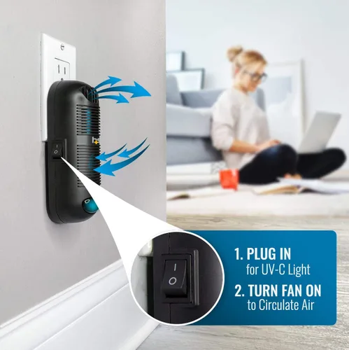 Vista 4 de HealthSmart Purificador de aire y desinfectante de aire con luz ultravioleta UVC que limpia hasta 300 pies cuadrados enchufable, negro, 1 unidad