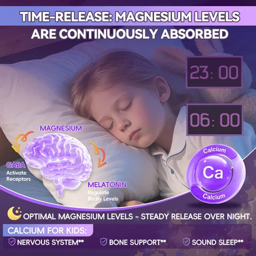 Vista 4 de Glicinato de magnesio + calcio para niños, sin azúcar, gomitas de magnesio para dormir, sin melatonina, suplemento de magnesio para niños, Zzz &