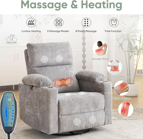 Vista 4 de Glider - Silla reclinable para guardería con reposabrazos ajustables, mecedora con masaje y calor, mecedora giratoria con reposacabezas ajustable