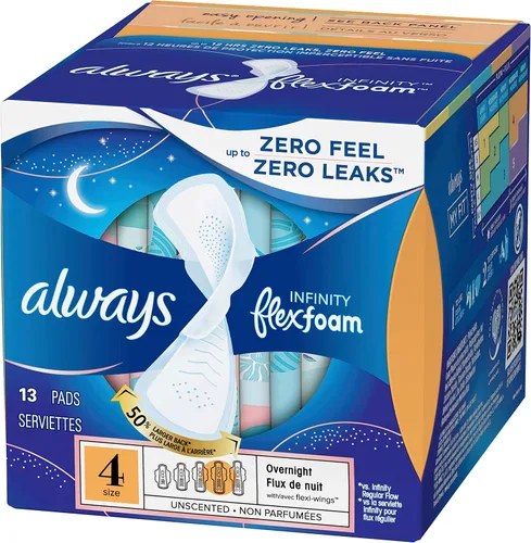 Vista 3 de Always Infinity FlexFoam Pads para mujer, talla 4, absorción nocturna, sin perfume, 13