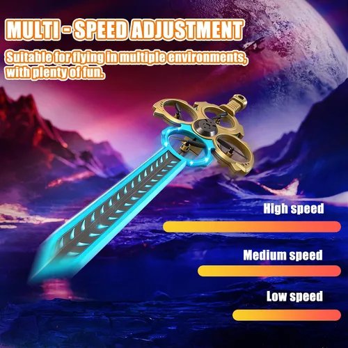 Vista 5 de Drone RC con espada voladora mejorada con luces LED coloridas, avión de control remoto de metal ABS con control de gestos manuales y reloj Oro