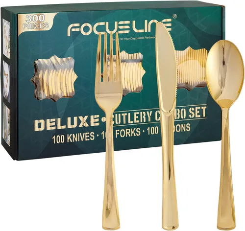 Vista 8 de FOCUSLINE Juego de 300 cubiertos de plástico plateado – 100 tenedores, 100 cuchillos, 100 cucharas – cubiertos desechables de plástico resistente
