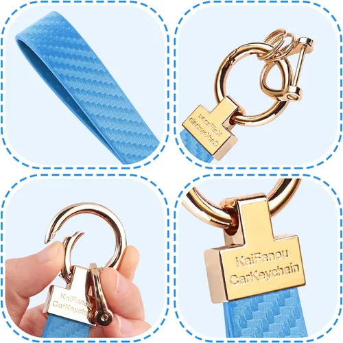 Vista 4 de Turcee Llavero de cuero de lujo con anillo D antipérdida, fibra de carbono brillante personalidad llavero de coche para mujereshombresmochilas