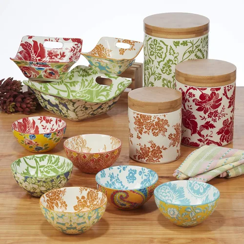 Vista 6 de Damask Floral - Cuencos de porcelana para sopa y cereales de 9.5 pulgadas, juego de 4 – Coloridos patrones florales y cachemira surtidos – Ideal