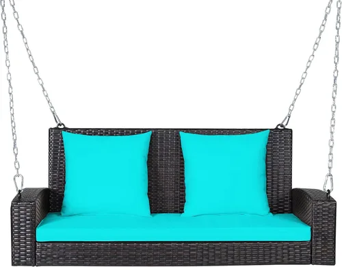 Vista 13 de RELAX4LIFE - Columpio de mimbre de 2 asientos, con dos cadenas de acero sólido de 7.9 pies, cómodos cojines de respaldo y asiento, para pórtico