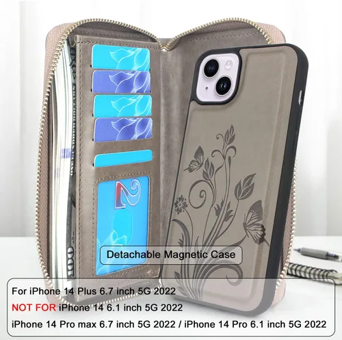 Vista 2 de Funda compatible con iPhone 15 Plus/iPhone 14 Plus, Crossbody con doble cremallera desmontable de cuero tipo cartera funda para teléfono