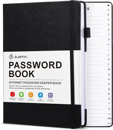 Vista 9 de JUBTIC Libro de contraseñas con pestañas alfabéticas, pequeña libreta de contraseñas con bolsillo interior, registro de inicio de sesión