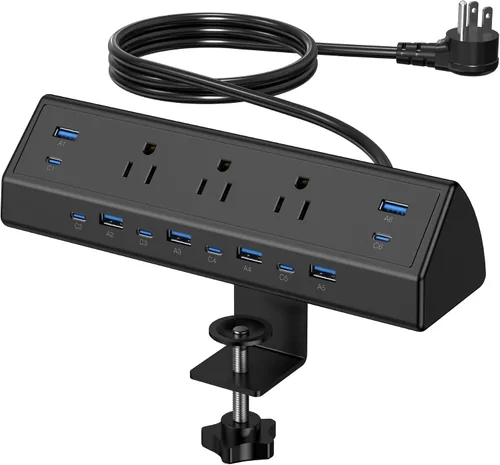 Vista 10 de Jgstkcity Regleta de alimentación con abrazadera de escritorio, estación de carga rápida total de 40 W, 2 puertos USB C PD de 20 W, protector