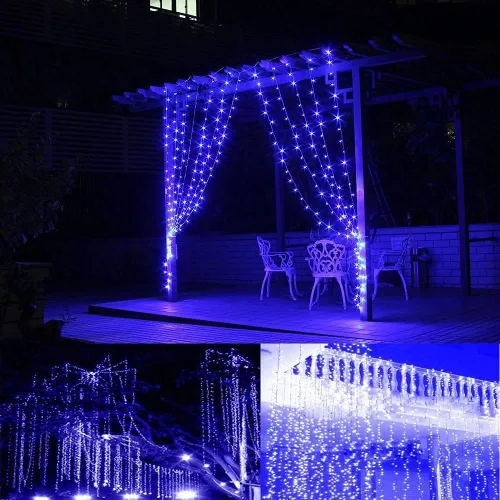 Vista 4 de FULLBELL Luces de Navidad, luces de hadas para exteriores, 66 pies, 200 LED con controlador de modos de memoria, luces decorativas de Pascua Azul