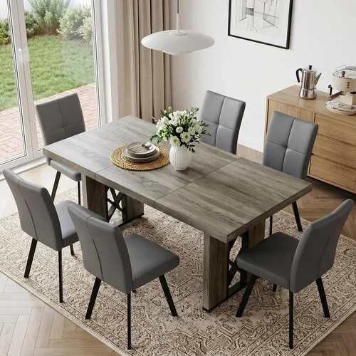 Vista 17 de HIPIHOM Mesa de comedor de granja de 70.8 pulgadas para 6 personas, mesa
