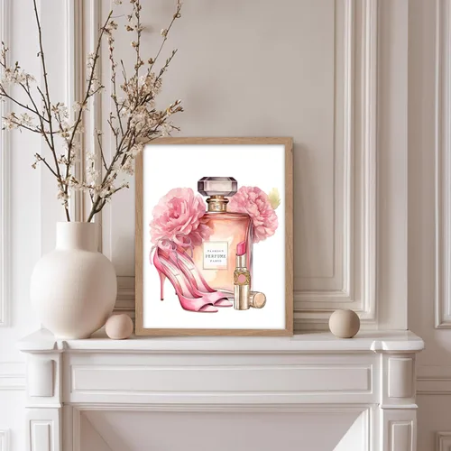 Vista 5 de Monem Art - Póster de moda, estampado de diseñador rosa, arte de zapatos, arte de perfume, arte de lápiz labial, regalo para mujeres y fashionistas