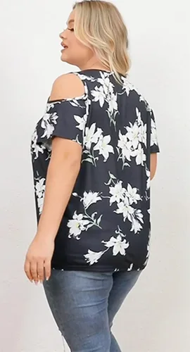 Vista 2 de Camisetas casuales de verano para mujer, hombros descubiertos, manga corta, cuello redondo, ajuste holgado, tallas grandes, plisadas, fluidas