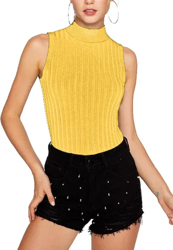 Vista 4 de Nicetage Suéter de punto sin mangas para mujer, ajustado, cuello alto, elástico, básico, camiseta sin mangas