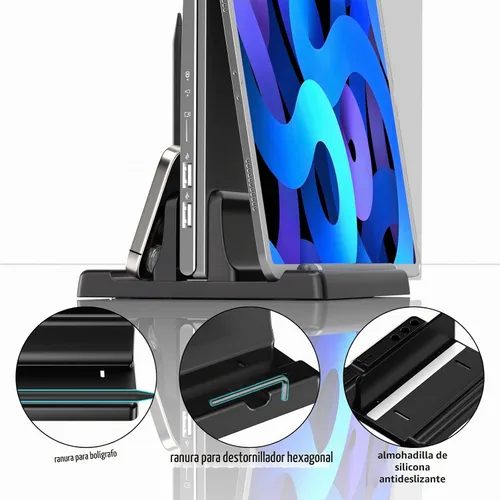 Vista 3 de Soporte vertical para laptop ajustable - Gestionador de escritorio de plástico ABS de ahorro de espacio 3 en 1 compatible con todos los MacBook Pro