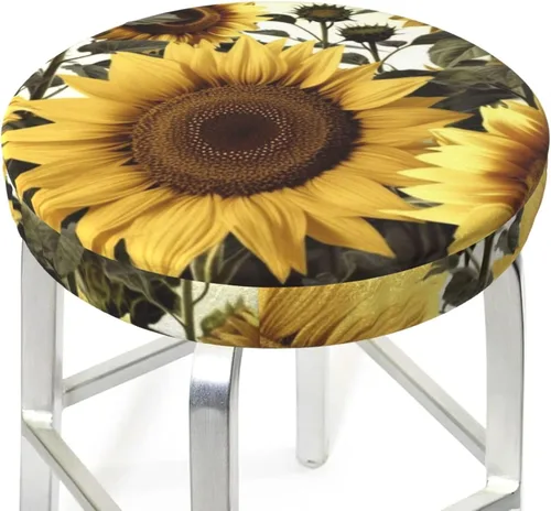 Vista 3 de Fundas de taburete con estampado floral de girasol amarillo, fundas redondas de asiento de taburete de bar, funda de terciopelo suave con funda