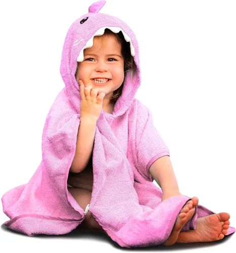 Vista 9 de Hudz Kidz Poncho de toalla con capucha prémium para niños y niños pequeños, 100% algodón (tiburón azul)