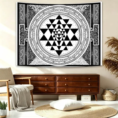 Vista 2 de SHRAPHY Tapiz Sri Yantra de 60 x 40 pulgadas, tapiz de meditación sentado, geometría sagrada, tapiz de arte blanco y negro para colgar en la pared