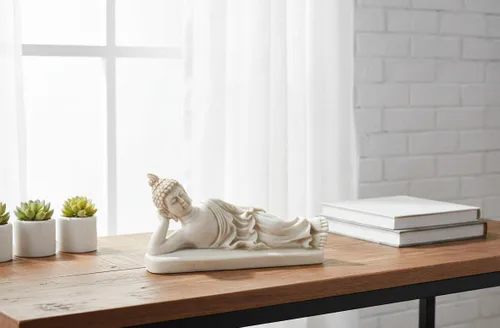 Vista 2 de Estatua de Buda reclinable – Escultura de meditación Nirvana durmiente – Figura budista tailandesa – Decoración del hogar Feng Shui – Resina pequeña