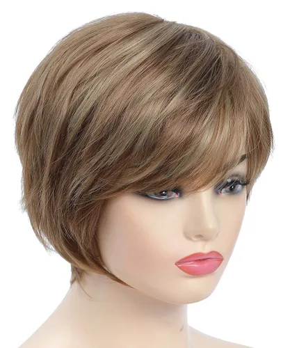 Vista 3 de Pelucas cortas de corte Pixie con flequillo, pelucas de cabello sintético lacio para mujeres blancas (rubio mezclado con marrón)