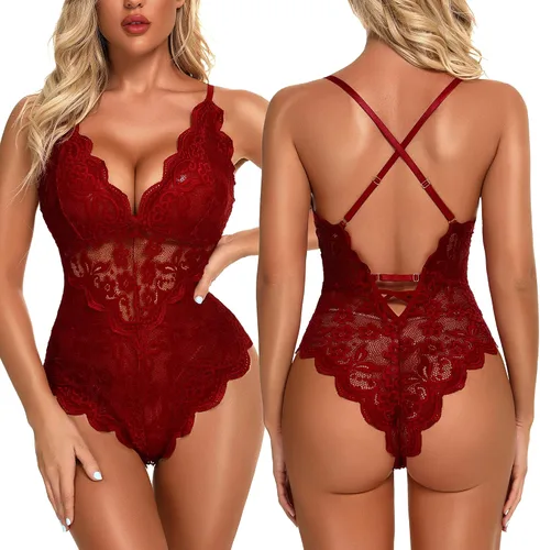 Vista 2 de Namifin Lencería sexy para mujer, lencería de encaje con broche en la entrepierna, Oro