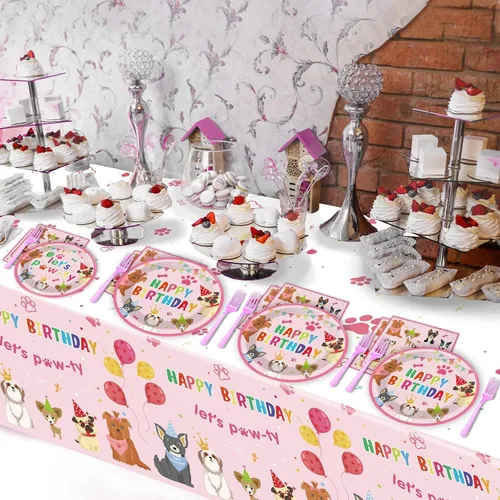 Vista 6 de Juego de 98 piezas de decoración de fiesta de cumpleaños de perro, juego de vajilla para cachorros, platos, servilletas, mantel con temática