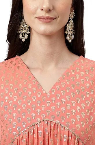 Vista 8 de Janasya Indian Peach Georgette Foil Print Kurta con Palazzo y Dupatta para mujer