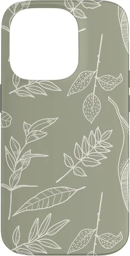 Vista 17 de Carcasa para iPhone 16, diseño de hojas y flores, color verde salvia