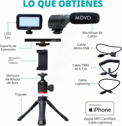 Vista 2 de Kit de vlogging Movo iVlogger para iPhone - Compatible con Lightning, kit de iniciación de YouTube para creadores de contenido - Accesorios: trípode